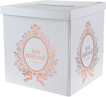 Santex Enveloppendoos just married - Bruiloft - wit/rose goud - karton - 20 x 20 cm - Feestdecoratievoorwerp