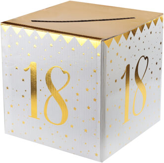 Santex Enveloppendoos - Verjaardag - 18 jaar - wit/goud - karton - 20 x 20 cm - Feestdecoratievoorwerp