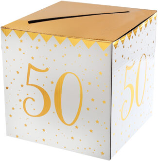 Santex Enveloppendoos - Verjaardag - 50 jaar Abraham/Sarah - wit/goud - karton - 20 x 20 cm