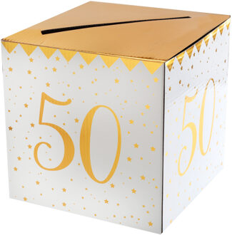 Santex Enveloppendoos - Verjaardag - 50 jaar - wit/goud - karton - 20 x 20 cm - Feestdecoratievoorwerp