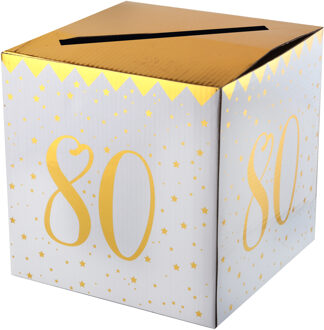 Santex Enveloppendoos - Verjaardag - 80 jaar - wit/goud - karton - 20 x 20 cm - Feestdecoratievoorwerp