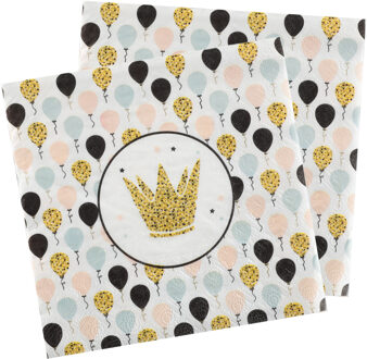 Santex Feest servetten - ballon - 40x stuks - 33 x 33 cm - papier - goud/zwart