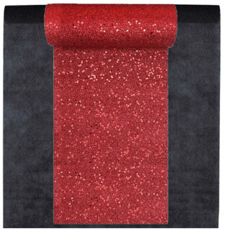 Santex Feest tafelkleed met glitter loper op rol - zwart/rood - 10 meter - Feesttafelkleden