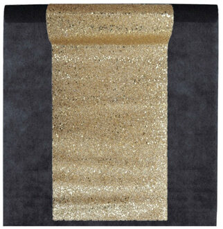 Santex Feest tafelkleed met glitter tafelloper - op rol - zwart/goud - 10 meter