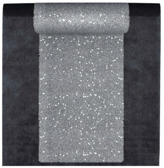 Santex Feest tafelkleed met glitter tafelloper - op rol - zwart/zilver - 10 meter