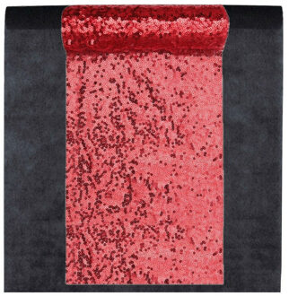Santex Feest tafelkleed met pailletten tafelloper - op rol - zwart/rood - 10 meter