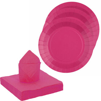 Santex Feest/verjaardag servies set 10x bordjes/25x servetten - fuchsia roze - karton