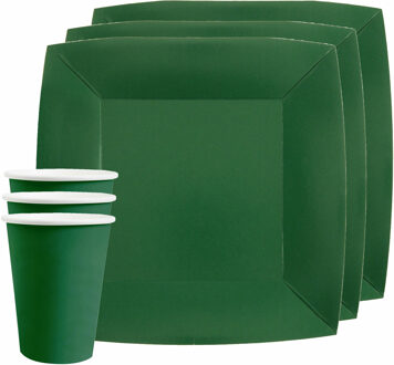 Santex Feest/verjaardag servies set 10x bordjes en bekertjes - donkergroen - karton