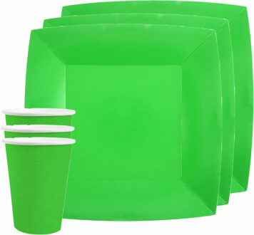 Santex Feest/verjaardag servies set 10x bordjes en bekertjes - fel groen - karton