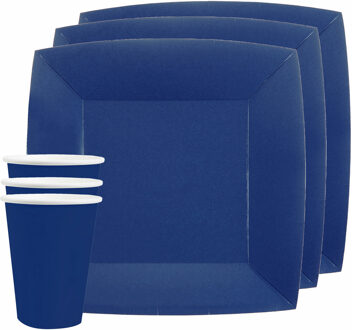 Santex Feest/verjaardag servies set 10x bordjes en bekertjes - kobalt blauw - karton
