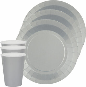 Santex Feest/verjaardag servies set 10x bordjes en bekertjes - zilver - karton