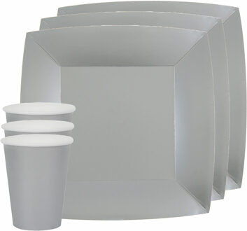 Santex Feest/verjaardag servies set 10x bordjes en bekertjes - zilver - karton