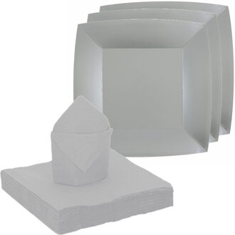 Santex Feest/verjaardag servies set 10x gebaksbordjes/25x servetten - zilver - karton