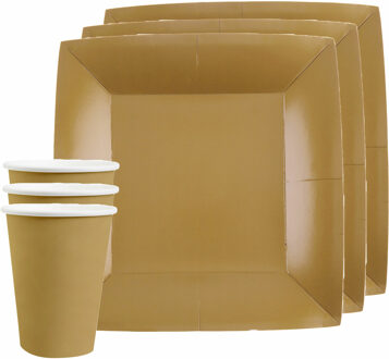 Santex Feest/verjaardag servies set 10x gebaksbordjes en bekertjes - goud - karton