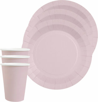 Santex Feest/verjaardag servies set 10x gebaksbordjes en bekertjes - lichtroze - karton