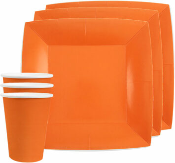 Santex Feest/verjaardag servies set 10x gebaksbordjes en bekertjes - oranje - karton