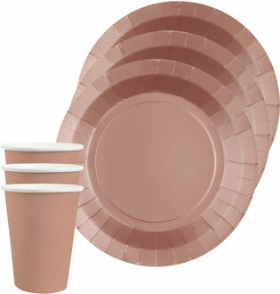 Santex Feest/verjaardag servies set 10x gebaksbordjes en bekertjes - rose goud - karton