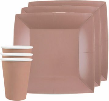 Santex Feest/verjaardag servies set 10x gebaksbordjes en bekertjes - rose goud - karton