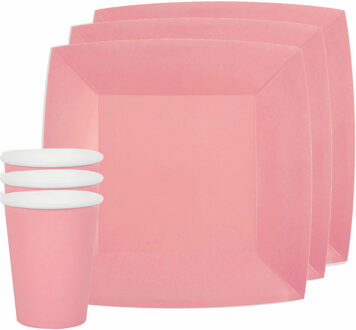 Santex Feest/verjaardag servies set 10x gebaksbordjes en bekertjes - roze - karton