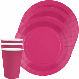Santex Feest/verjaardag servies set 20x bordjes en bekertjes - fuchsia roze - karton
