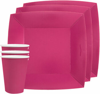 Santex Feest/verjaardag servies set 20x bordjes en bekertjes - fuchsia roze - karton