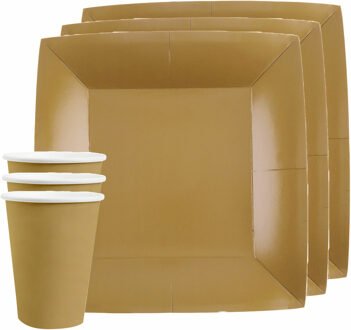 Santex Feest/verjaardag servies set 20x bordjes en bekertjes - goud - karton