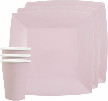 Santex Feest/verjaardag servies set 20x bordjes en bekertjes - lichtroze - karton