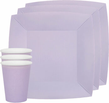 Santex Feest/verjaardag servies set 20x bordjes en bekertjes - lila paars - karton