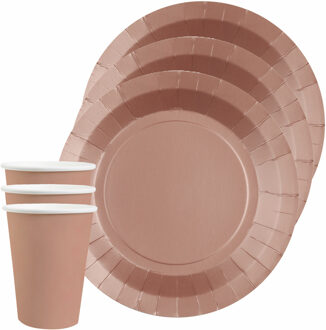 Santex Feest/verjaardag servies set 20x bordjes en bekertjes - rose goud - karton