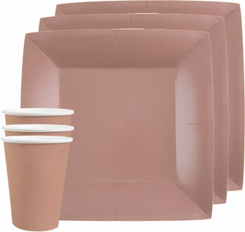 Santex Feest/verjaardag servies set 20x bordjes en bekertjes - rose goud - karton
