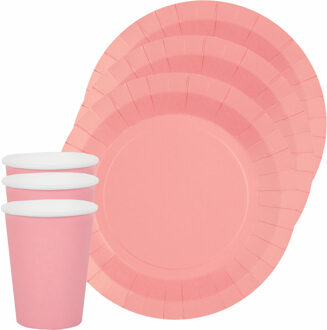 Santex Feest/verjaardag servies set 20x bordjes en bekertjes - roze - karton