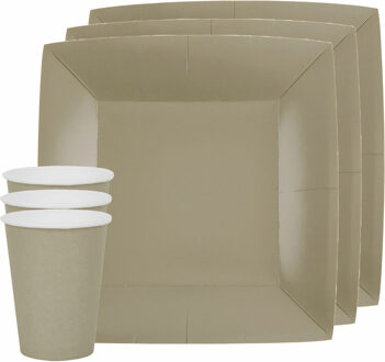 Santex Feest/verjaardag servies set 20x bordjes en bekertjes - taupe/beige - karton