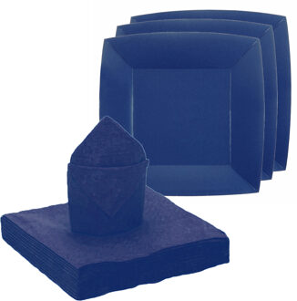 Santex Feest/verjaardag servies set 20x gebaksbordjes/20x servetten - kobalt blauw - karton