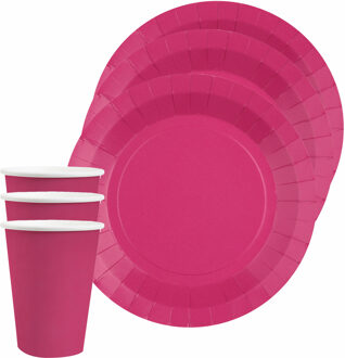 Santex Feest/verjaardag servies set 20x gebaksbordjes en bekertjes - fuchsia roze - karton