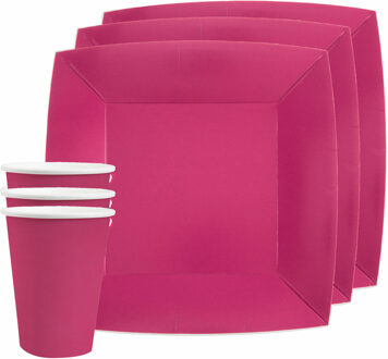 Santex Feest/verjaardag servies set 20x gebaksbordjes en bekertjes - fuchsia roze - karton