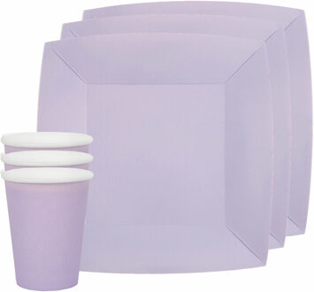 Santex Feest/verjaardag servies set 20x gebaksbordjes en bekertjes - lila paars - karton