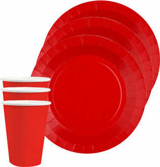 Santex Feest/verjaardag servies set 20x gebaksbordjes en bekertjes - rood - karton