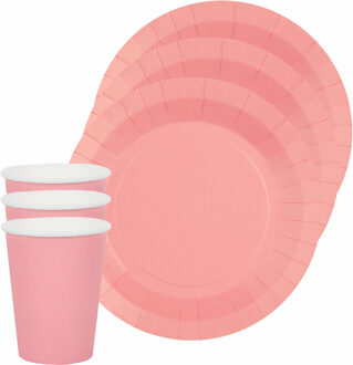 Santex Feest/verjaardag servies set 20x gebaksbordjes en bekertjes - roze - karton