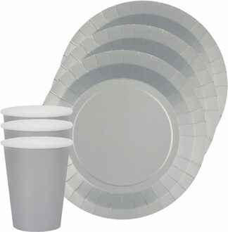 Santex Feest/verjaardag servies set 20x gebaksbordjes en bekertjes - zilver - karton