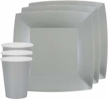 Santex Feest/verjaardag servies set 20x gebaksbordjes en bekertjes - zilver - karton