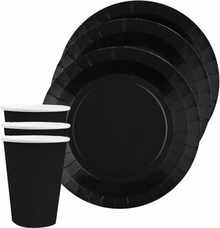 Santex Feest/verjaardag servies set 20x gebaksbordjes en bekertjes - zwart - karton