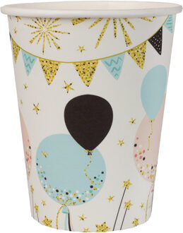 Santex Feest wegwerp bekertjes - ballon - 10x stuks - 270 ml - karton - wit/goud