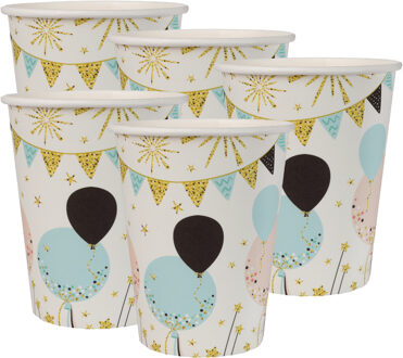 Santex Feest wegwerp bekertjes - ballon - 50x stuks - 270 ml - wit/goud - karton