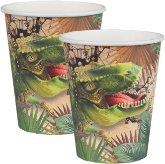 Santex feest wegwerp bekertjes - dinosaurus - 20x stuks - 270 ml - bruin/groen - karton - Feestbekertjes