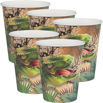 Santex Feest wegwerp bekertjes - dinosaurus - 50x stuks - 270 ml - bruin/groen - karton