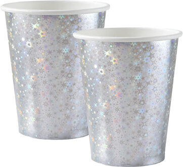 Santex Feest wegwerp bekertjes - glitter - 20x stuks - 270 ml - zilver - karton