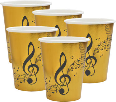 Santex Feest wegwerp bekertjes - muziek - 50x stuks - 270 ml - goud/zwart - karton