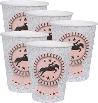 Santex Feest wegwerp bekertjes - paarden - 50x stuks - 270 ml - lichtgrijs/roze - karton