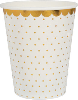 Santex Feest wegwerp bekertjes - stippen - 10x stuks - 270 ml - wit/goud