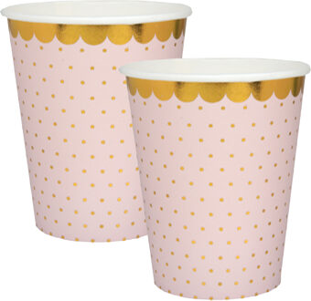 Santex Feest wegwerp bekertjes - stippen - 20x stuks - 270 ml - roze/goud - karton